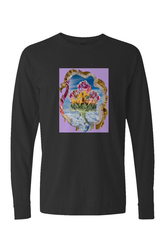 Three Roses Print Pigment Dyed Heavyweight Long Sleeve T Shirt. Color black.