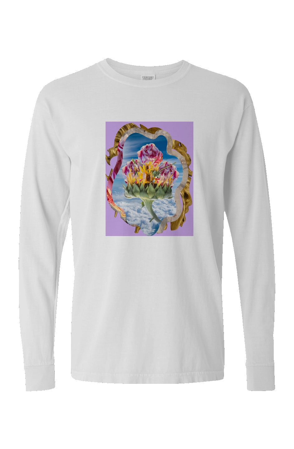 Three Roses Print Pigment Dyed Heavyweight Long Sleeve T Shirt. Color white.