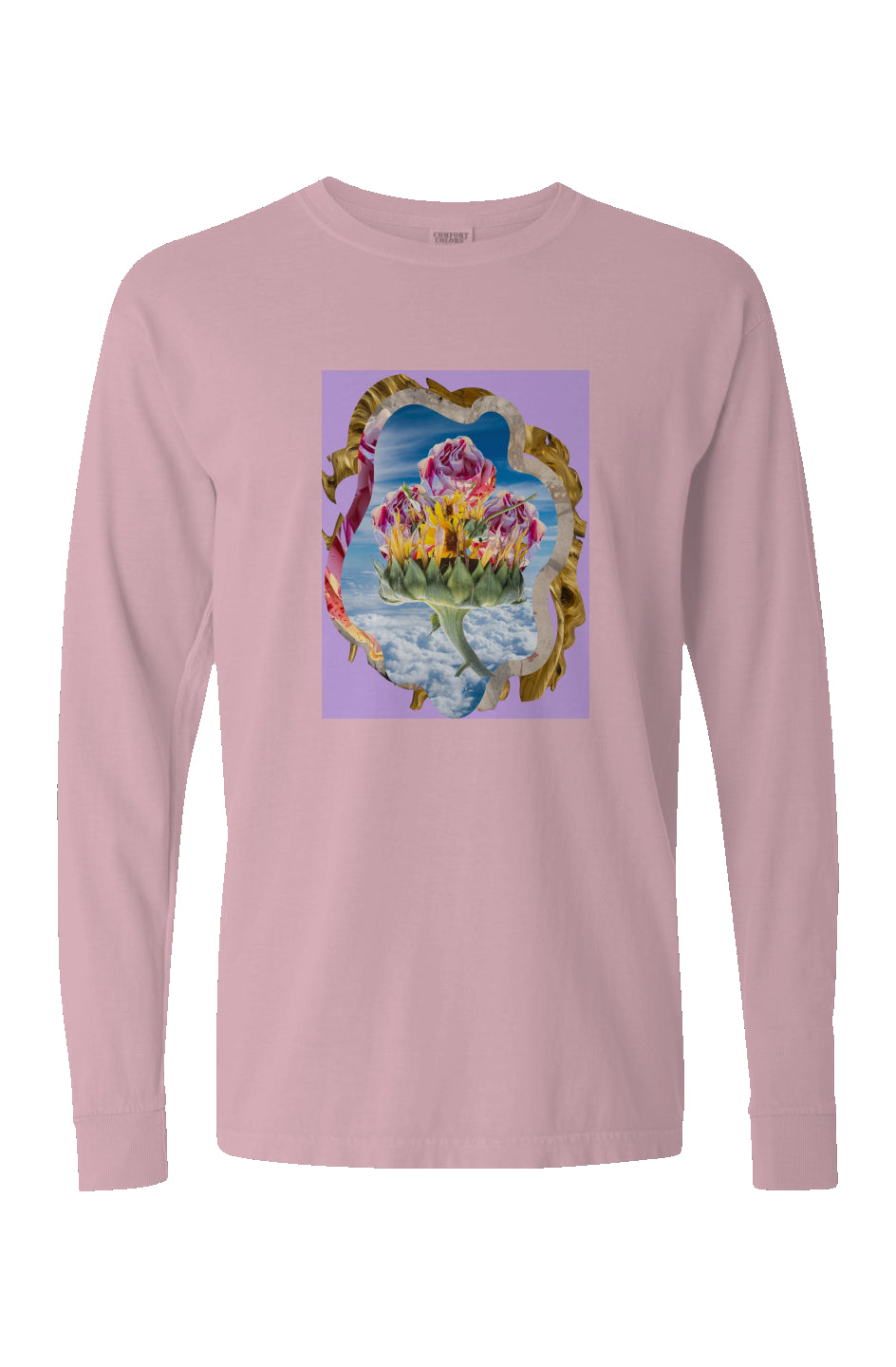 Three Roses Print Pigment Dyed Heavyweight Long Sleeve T Shirt. Color pink.