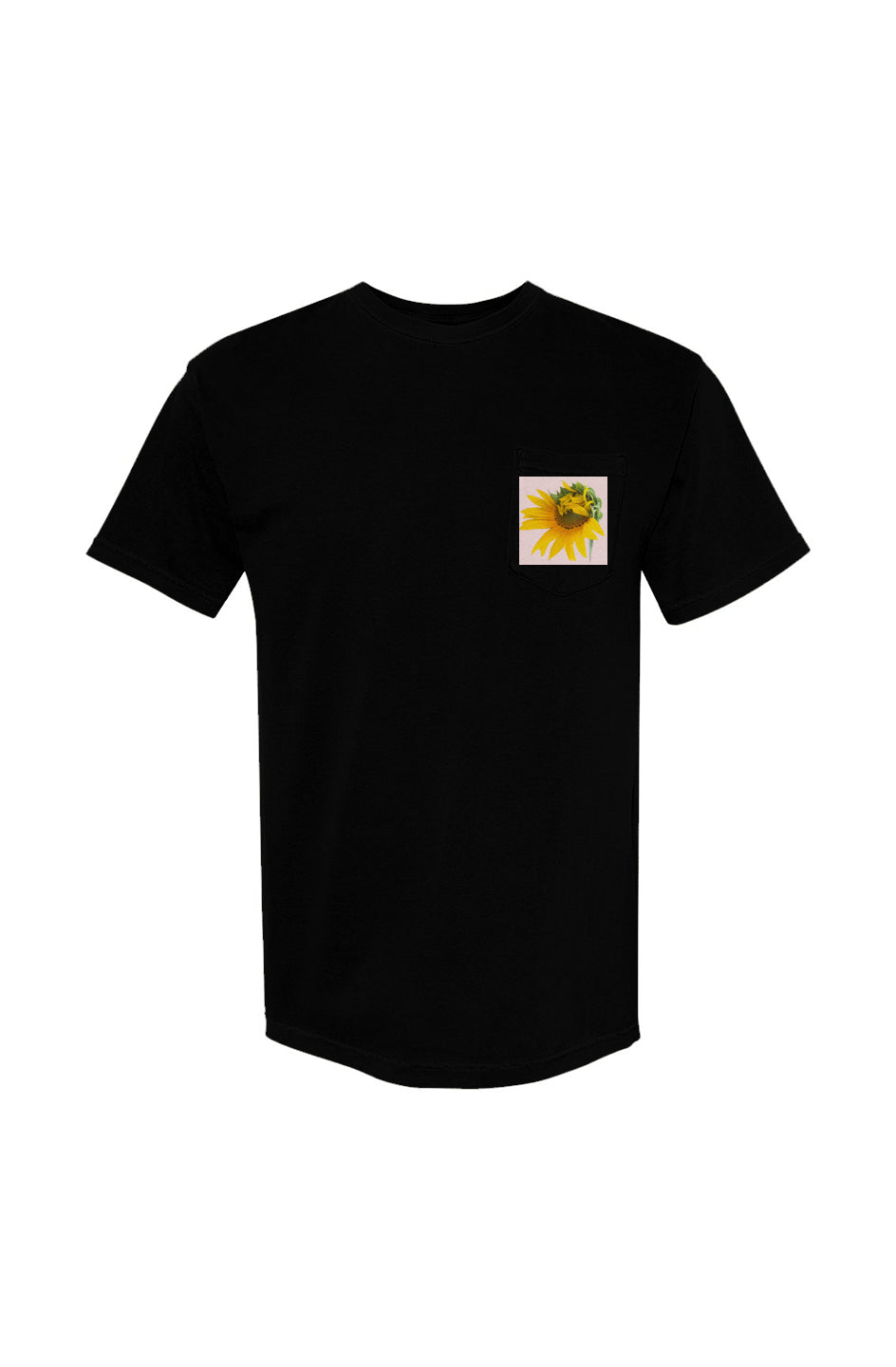 Blooming Sunflower Print Heavyweight Pocket-T-Shirt. Black color.