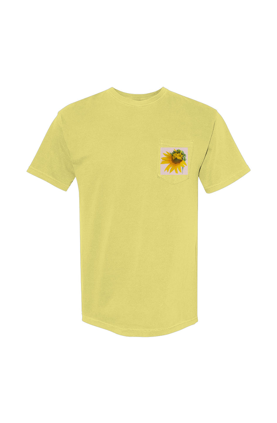 Blooming Sunflower Print Heavyweight Pocket-T-Shirt. Butter yellow color.