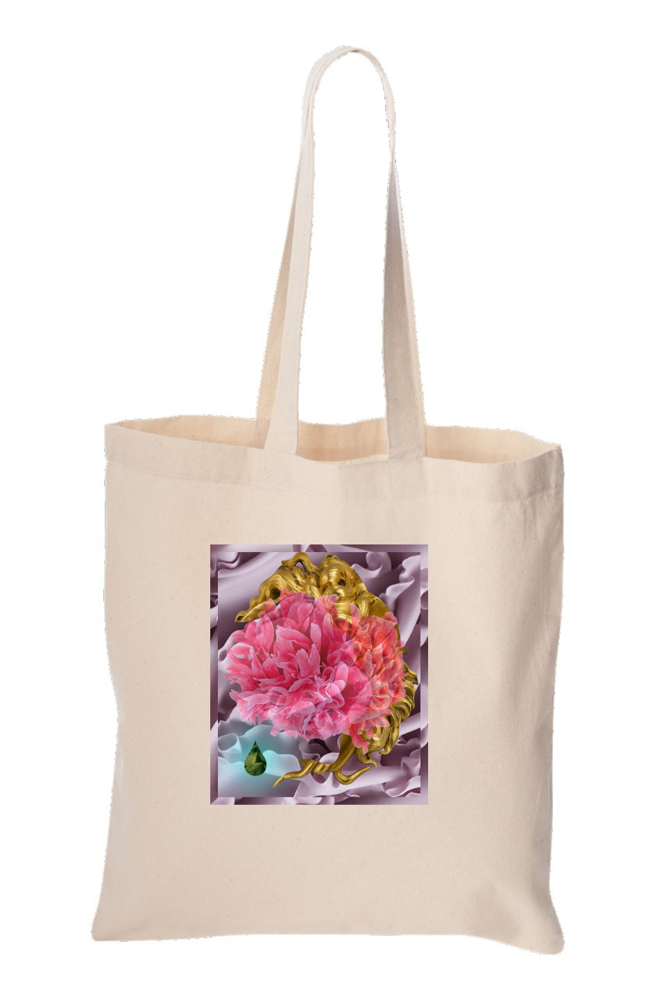 Big Pink Flower Tote Bag. In the center is a digital print photo collage graphic. Background is dusty pink ruffles with ornate curvy oval frame encircling a hot pink flower. At the bottom right is a droplet of green leaves.