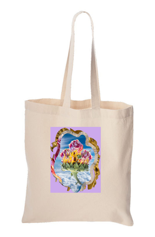 Three Roses Tote Bag. Centered photo digital print graphic with purple background. A curved frame encloses three red striped roses on a sunflower floating in clouds.