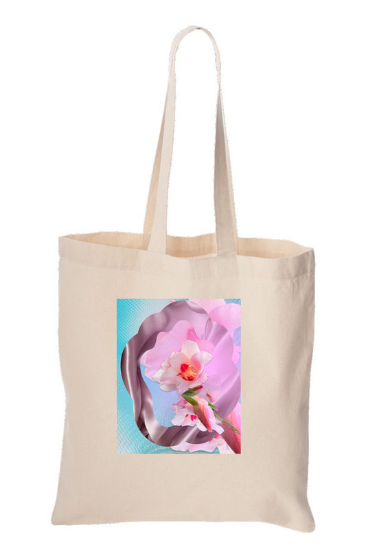 Hyacinth Flower Tote Bag. In the center is a digital print photo collage graphic of a baby blue background. A wavy oval satin pink border encircles a white and pink hyacinth flower with a light pink gradient behind.