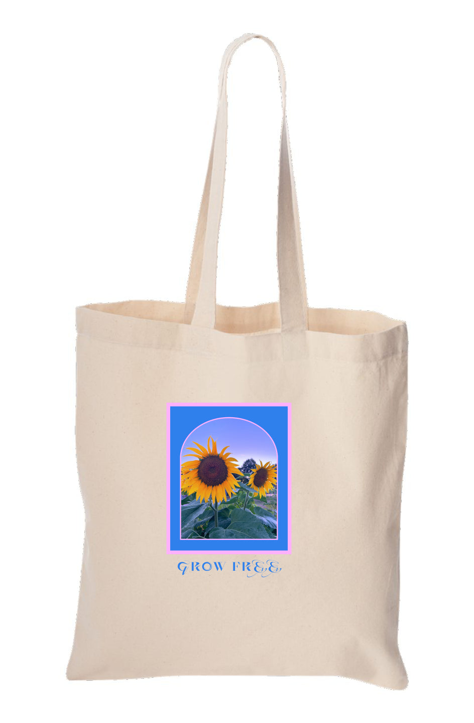 Grow Free Tote Bag. In the center is a digital print photo collage graphic of sunflowers in a garden. Below text says Grow Free in cornflower blue fancy font. 