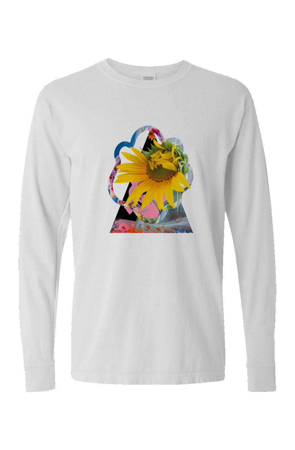 Pigment Dyed Heavyweight Long Sleeve T Shirt. White with transfer print sunflower on center front. Right sleeve has three vertically printed flowers. 