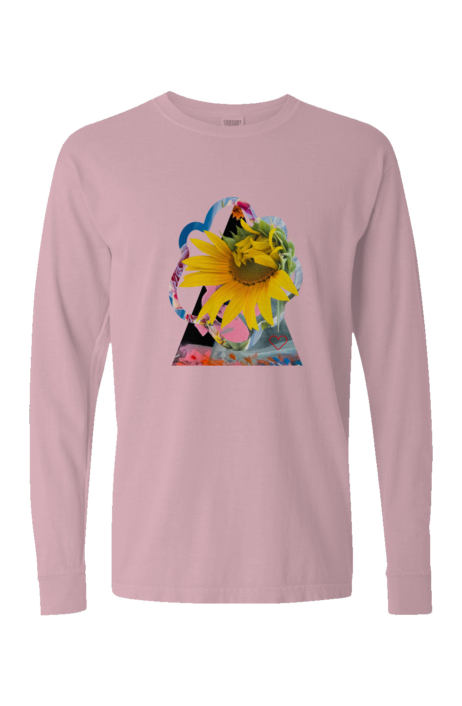 Pigment Dyed Heavyweight Long Sleeve T Shirt. Blossom pink with transfer print sunflower on center front. Right sleeve has three vertically printed flowers. 