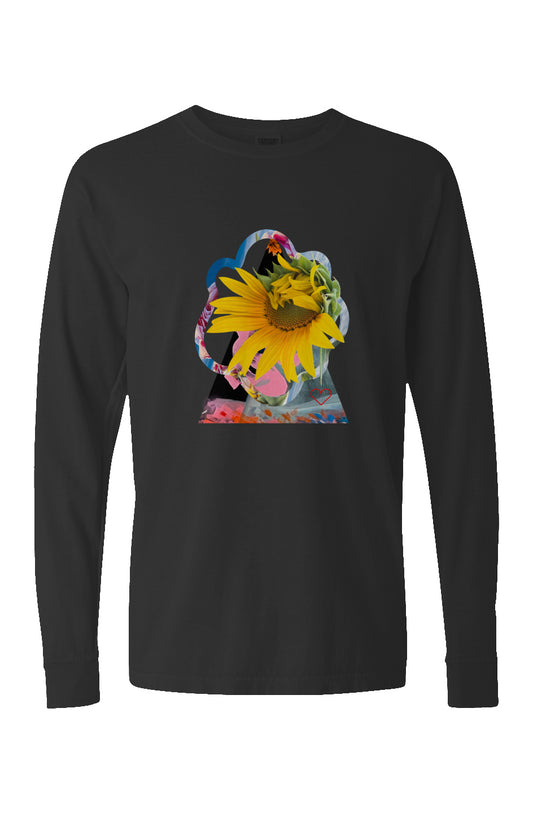 Sunflower Ritual - Pigment Dyed Heavyweight Long Sleeve T Shirt. Black with transfer print sunflower on center front. Right sleeve has three vertically printed flowers. 