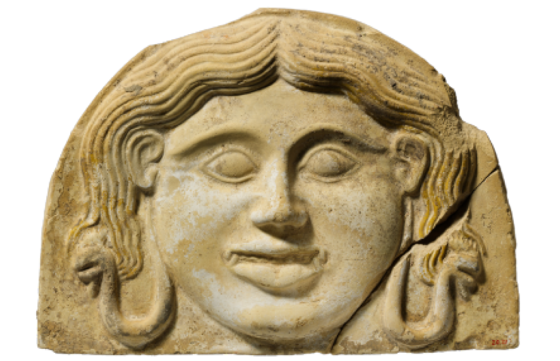 Digital print photo collage graphic. Tan stone carved image of the head mythical figure Medusa. Wavy hair with looped snakes at each shoulder grinning with fanged teeth.