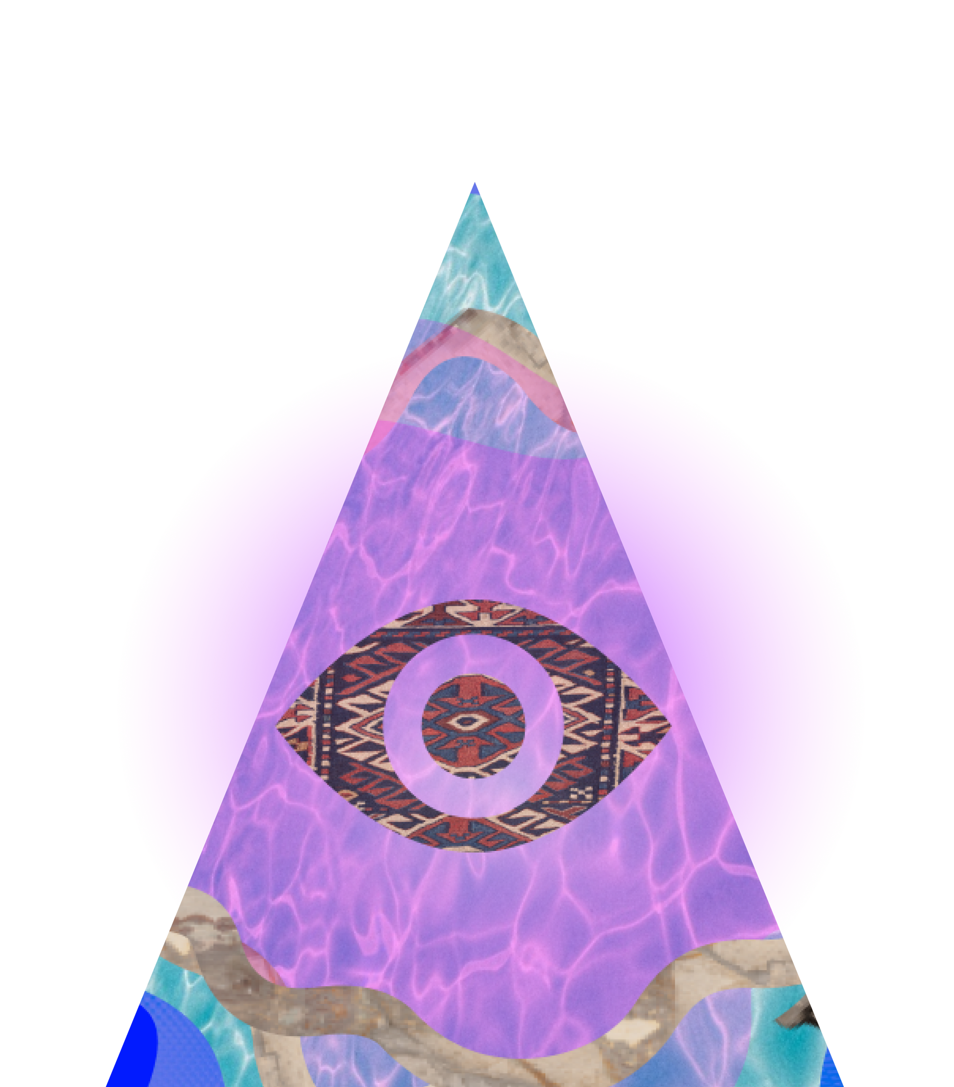 Grapic triangle with a reflecting water background, a radiating purple glow, curving border colors and a geometric eye at the center.