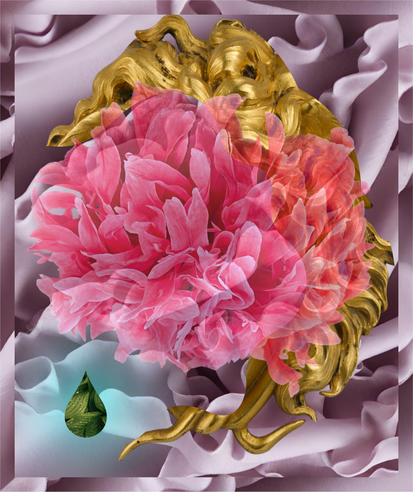 Digital print photo collage graphic. Background is dusty pink ruffles with ornate curvy oval frame encircling a hot pink flower. At the bottom right is a droplet of green leaves.