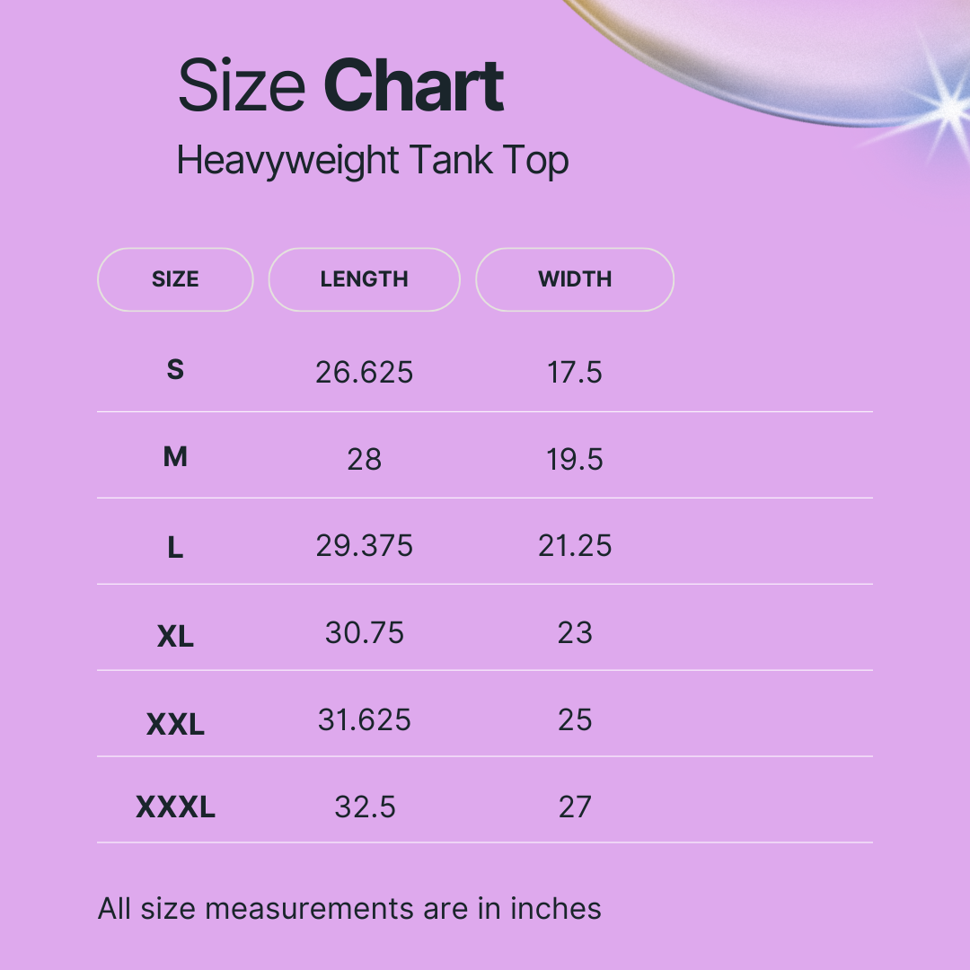 Size Chart Heavyweight Tank Top.